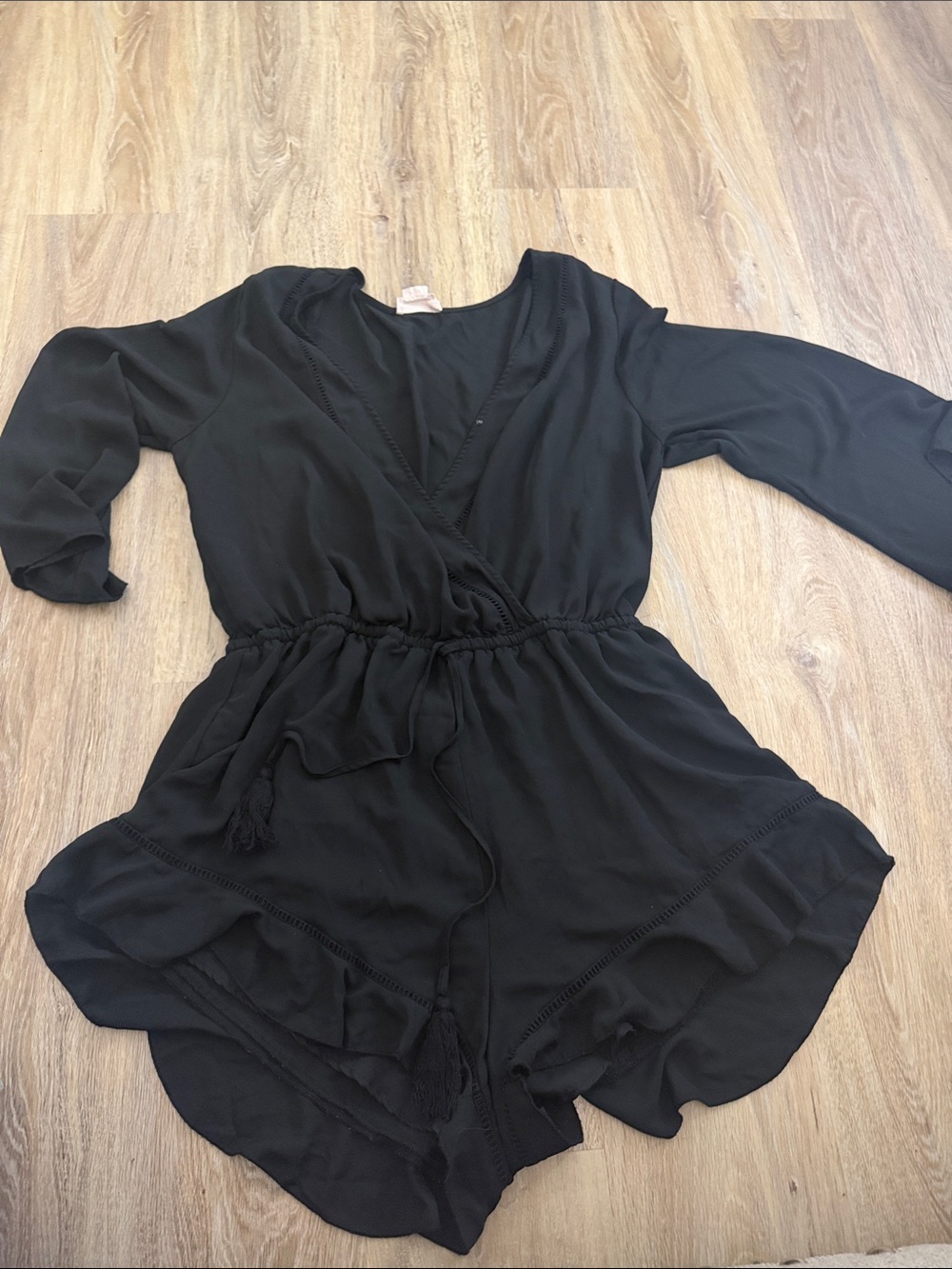 Showpo Black Long Sleeve V-Neck Wrap Romper with Tassel Tie